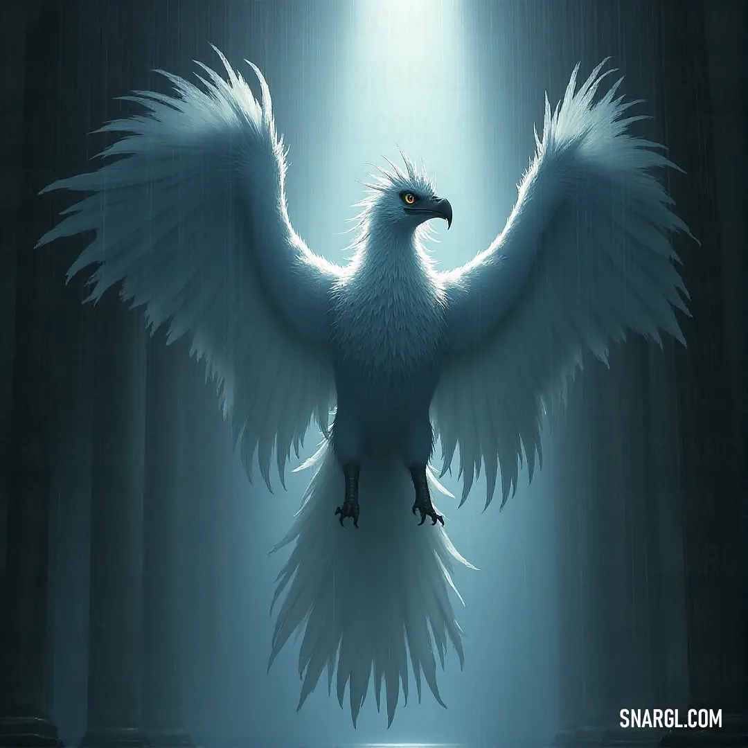 The White Frostclaw stretches its wings wide, illuminated by a bright beam of light as it flies effortlessly through the air, exuding a sense of majesty and freedom. A White Frostclaw with wings fully extended soars through the sky, a shaft of light shining from above. Its wings glisten against the backdrop of an ethereal beam, emphasizing its powerful and graceful flight.