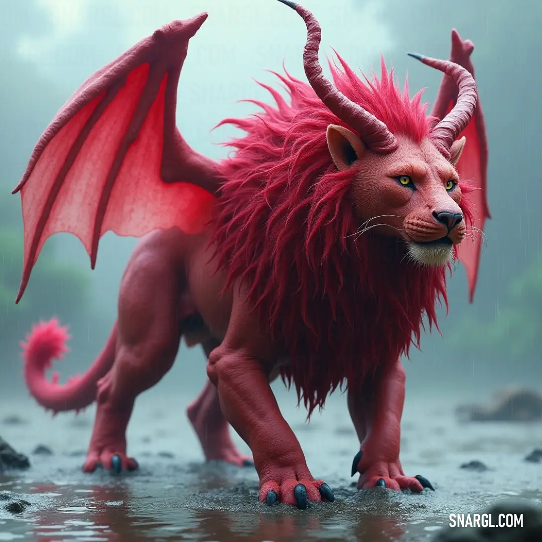 Fierce Red Frostclaw Manticore commanding the waters with wings extended. A fierce Red Frostclaw Manticore, its long horns and powerful wings extended, stands majestically in the water, eyes closed as it feels the tranquility of its surroundings, exuding an aura of strength and mystery.
