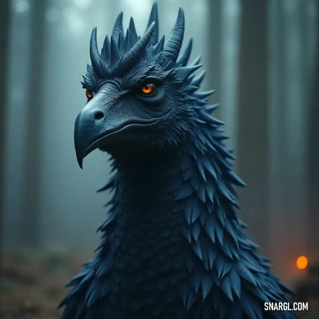 A majestic Blue Frostclaw with striking orange eyes prowls through a mystical forest, enveloped in a mesmerizing fog. Towering trees stretch skyward, creating an enchanting backdrop that adds a sense of wonder and tranquility to the scene.