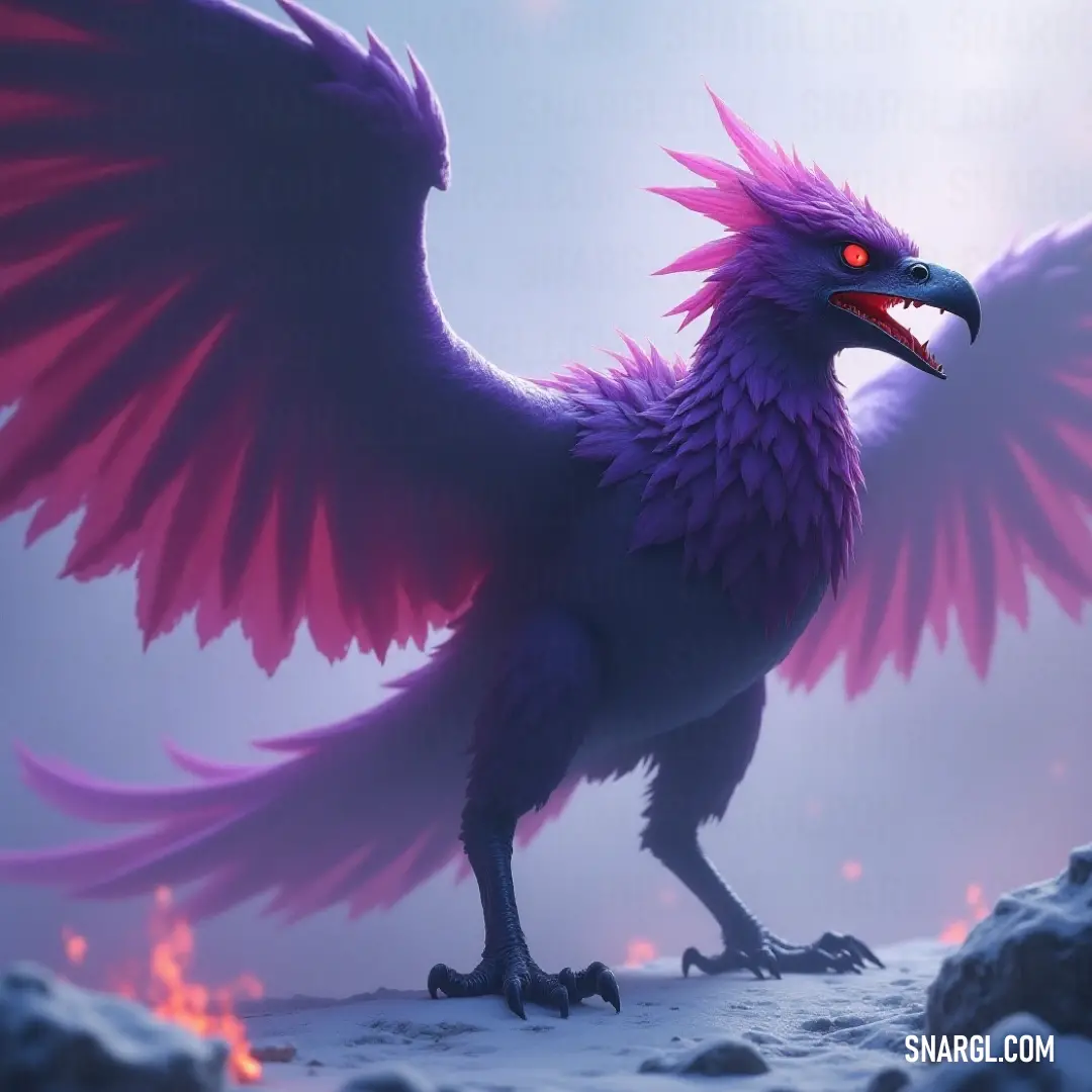 Elegant purple Frostfeather with bold red beak, exuding grace with wings spread wide A stunning purple Frostfeather with piercing red eyes and an impressive red beak stands magnificently with its wings fully spread. This awe-inspiring creature embodies elegance and regal grace in its natural, enchanting habitat.