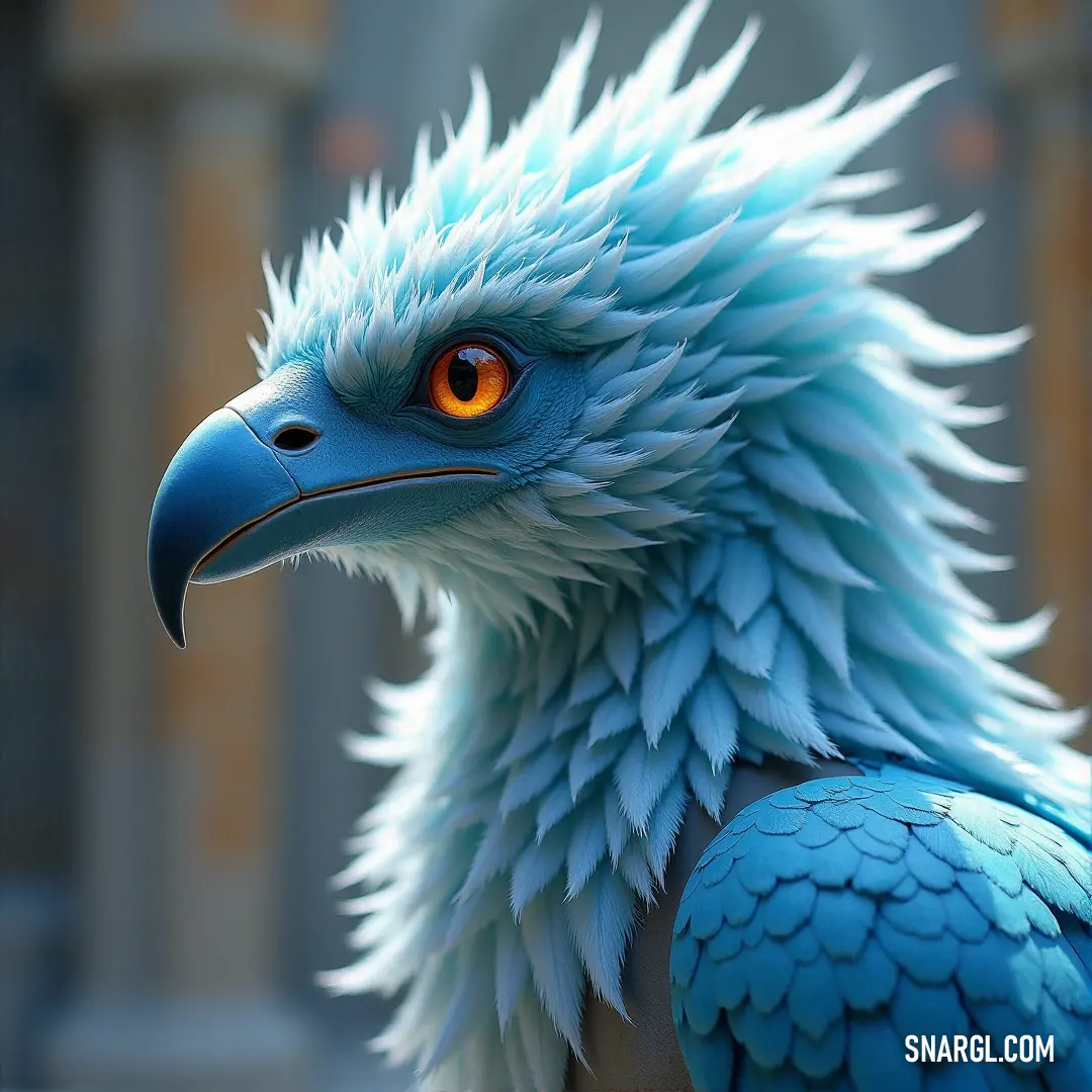 A powerful Blue Frostfeather with a large beak and piercing orange eyes is positioned in front of a stunning building with a shimmering gold door, giving the scene an aura of grandeur and enigma. A majestic Blue Frostfeather stands proudly in front of a grand building with a gleaming gold door. Its striking large beak and vibrant orange eyes stand out against the tranquil surroundings, exuding an air of mystery and elegance.