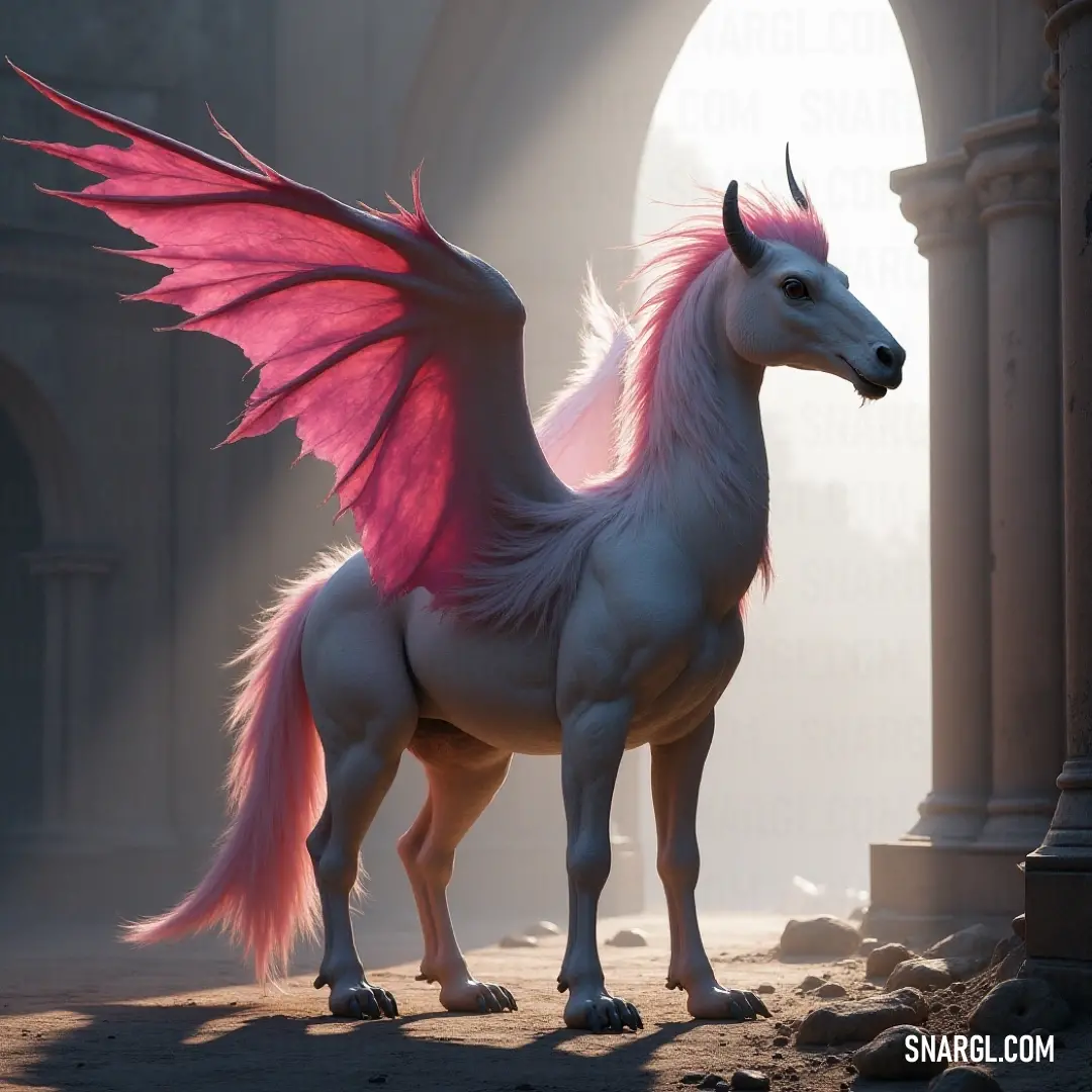 A white Frostfire with pink wings stands in a sunlit courtyard, the soft light creating a magical and peaceful atmosphere around it. A stunning white Frostfire with vibrant pink wings stands in a bright courtyard. Sunlight pours through the arches, illuminating the figure and casting a soft glow around the entire space, creating a serene, dreamlike atmosphere.