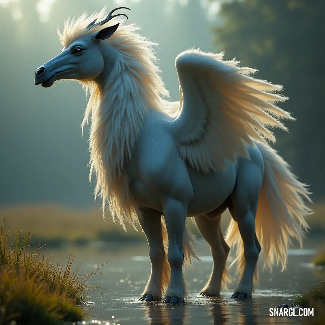 A white Frostfire with long hair stands in a calm river, surrounded by trees and the tranquil beauty of nature. A white Frostfire with flowing hair stands gracefully in a river, surrounded by the lush greenery of trees that frame the peaceful scene. The gentle flow of the water adds a sense of calm to this serene and natural setting.