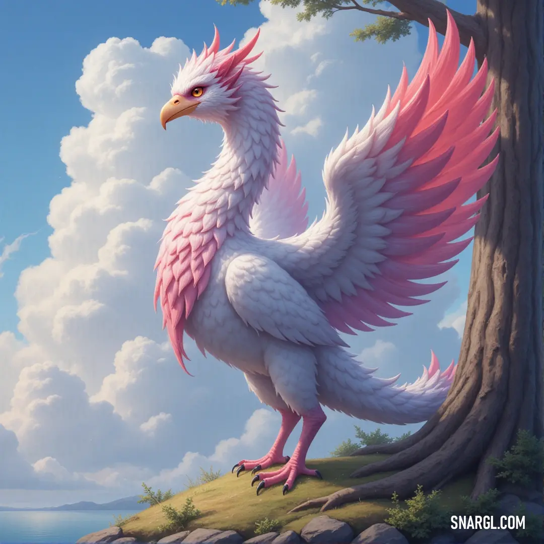 White Frostfire, with delicate pink wings, stands next to a lone tree on a hill, gazing out over a tranquil body of water. The soft evening light highlights its pristine white feathers and the serene beauty of the landscape surrounding it.