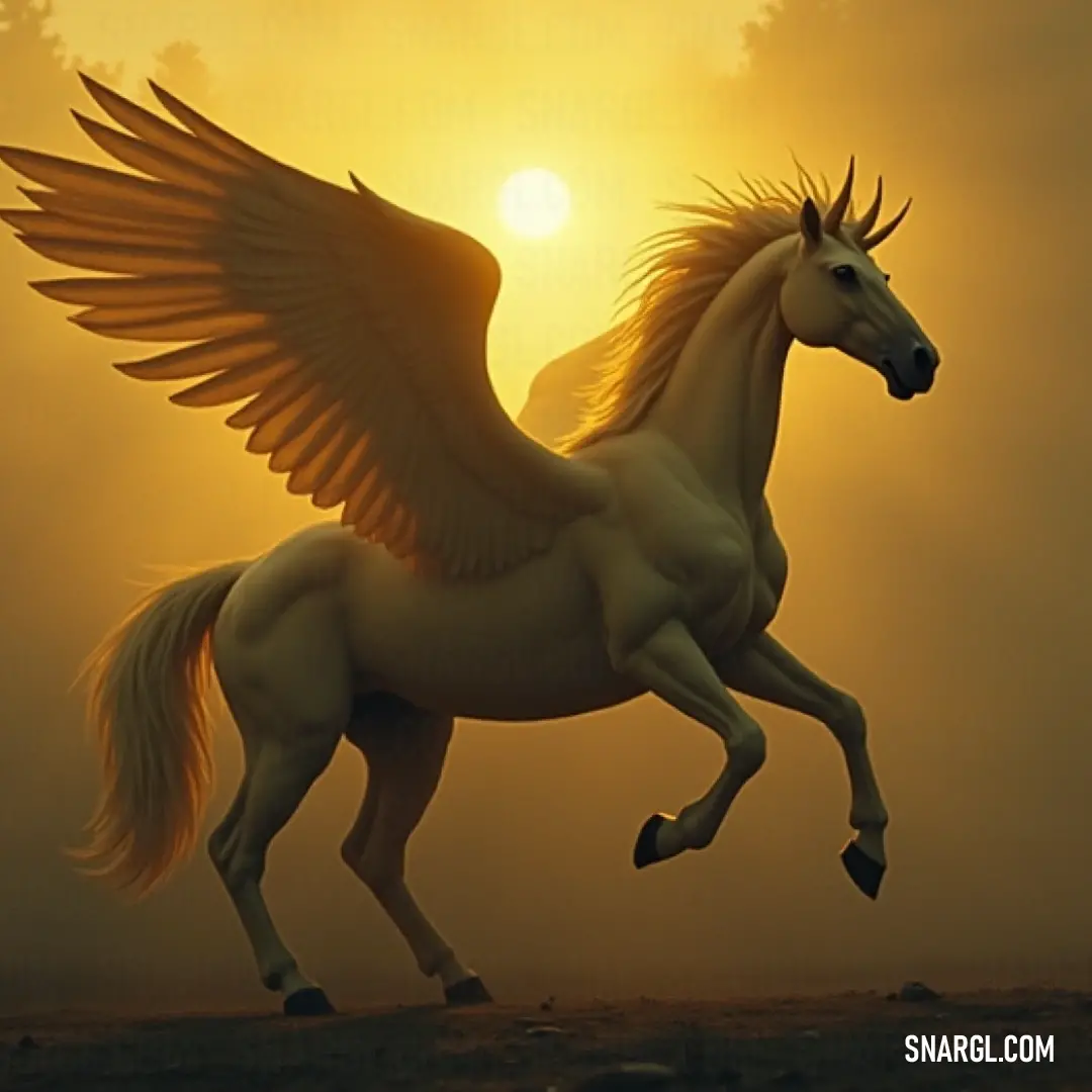 A White Frosthoof soars effortlessly in the soft glow of dawn or dusk, its wings enveloped in mist, creating a serene and magical atmosphere. In the skies painted with colors of dawn, a White Frosthoof soars gracefully, its wings outstretched, surrounded by a mysterious fog that adds an air of enchantment to this ephemeral scene.