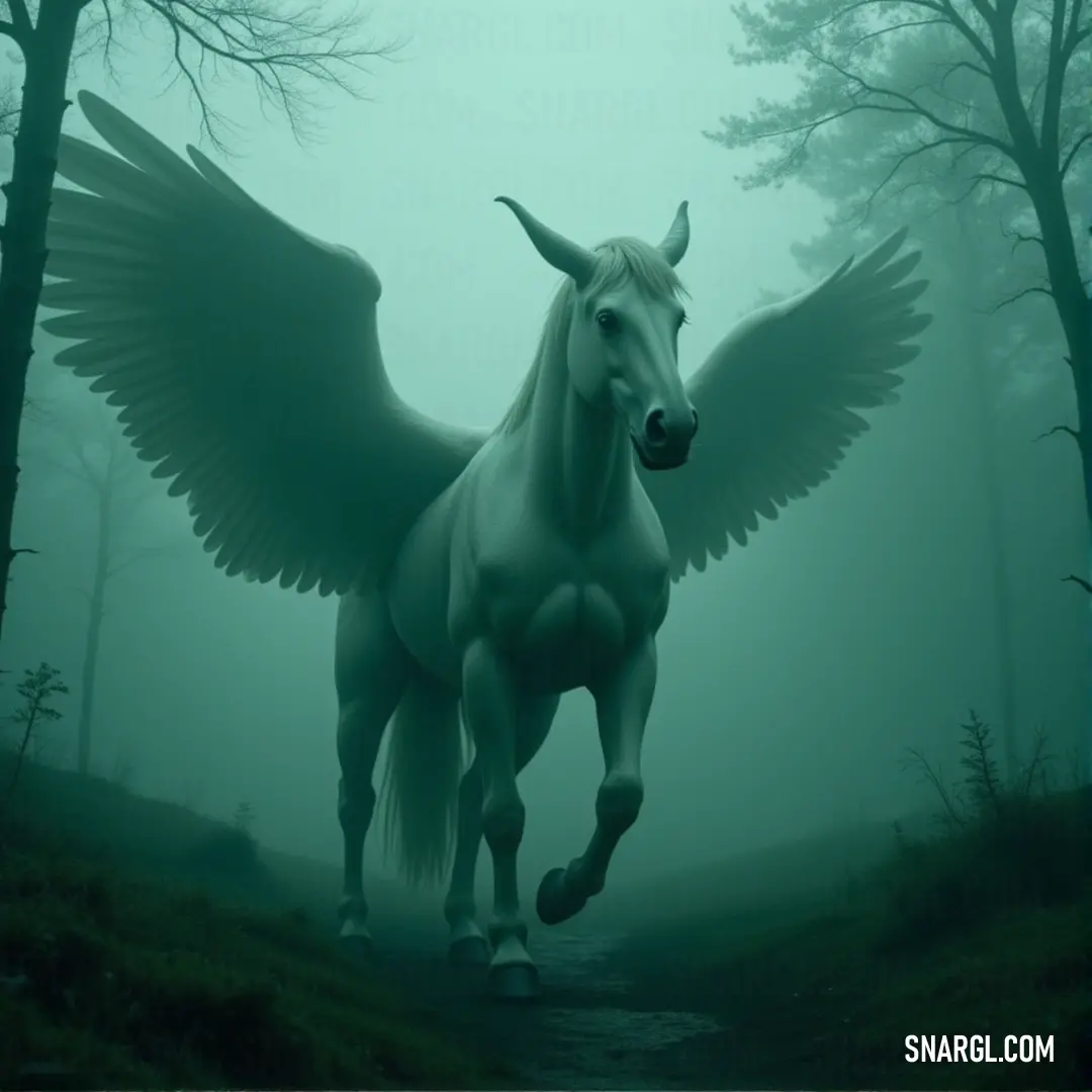 The White Frosthoof with wings strides through a foggy forest, its silhouette standing out against the misty atmosphere. The trees around it loom as shadows, creating an eerie yet beautiful scene.