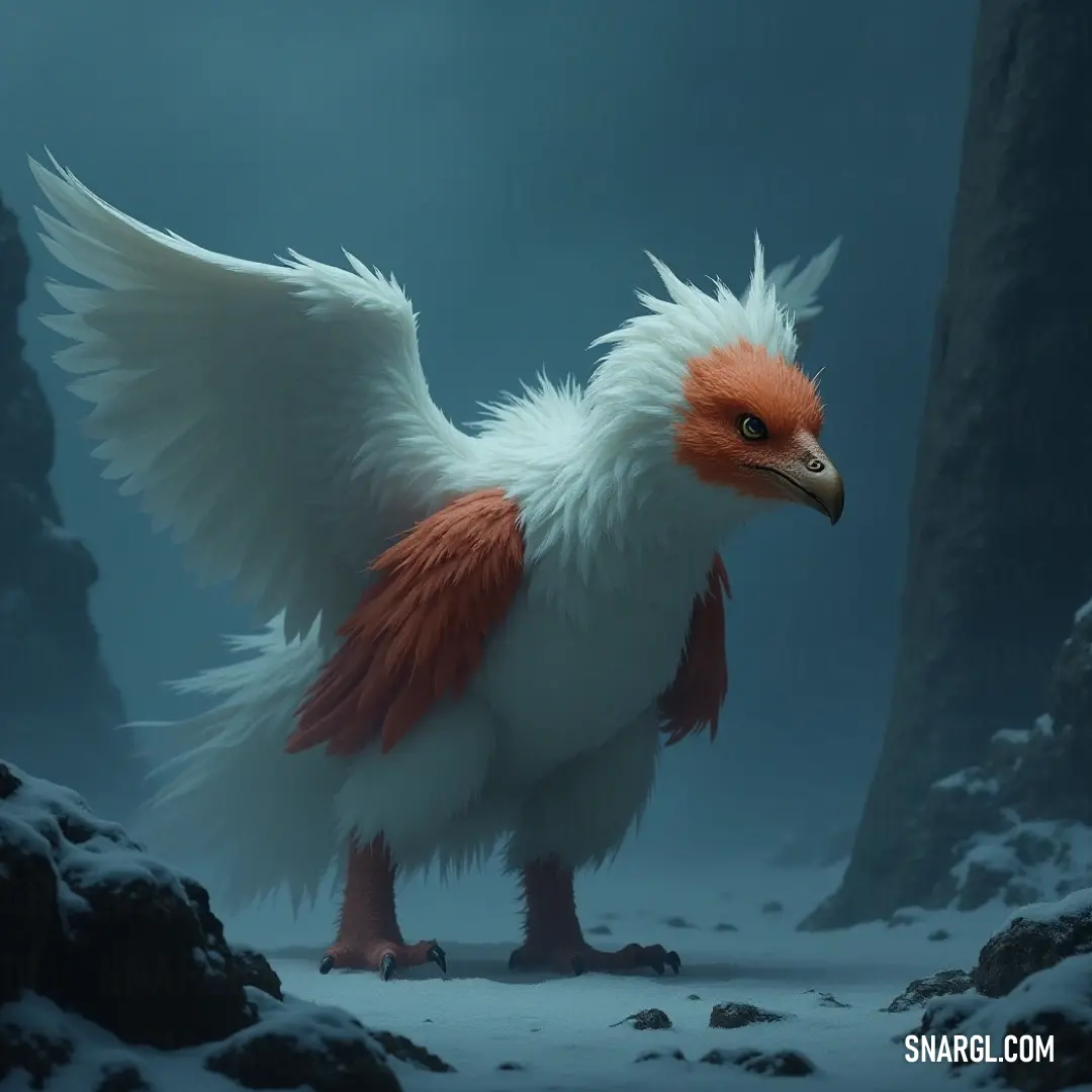 The captivating Frostlight, adorned in white and orange, stands proudly in a snowy setting, with striking rocky formations and evergreen trees creating a picturesque winter scene filled with magic. A stunning White and orange Frostlight, with its elegant wings unfurled, stands majestically amidst a snowy landscape framed by jagged rocks and pine trees, showcasing nature's pristine beauty against a winter wonderland.