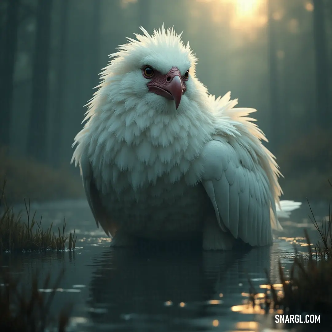 The ethereal White Frostlight, known for its striking red beak, graces the still waters, surrounded by inviting trees, encapsulating a perfect moment of tranquility in nature's serene embrace. Graceful White Frostlight with a striking red beak elegantly floats atop a tranquil body of water, surrounded by lush greenery, the peaceful scene inviting onlookers to admire the delicate balance of nature's beauty.