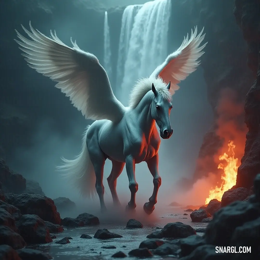 White Froststrike illuminated by cascading waters in a mystical cave. In the heart of a mystical cave, the White Froststrike with stunning wings stands beside a cascading waterfall, the cool mist creating a magical atmosphere filled with shimmering droplets of water.