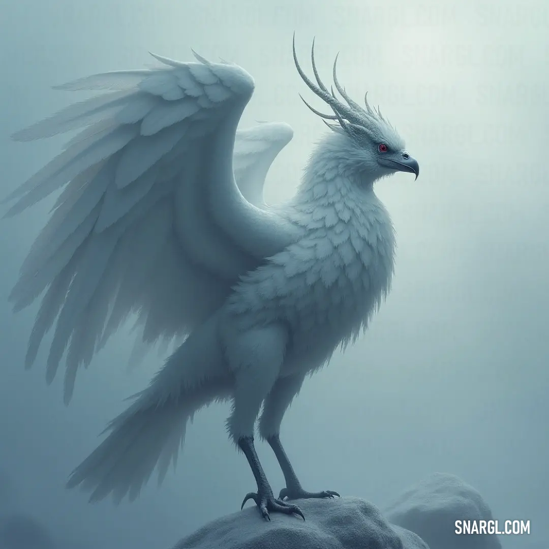The stunning White Frostwhisper, with grand wings spread widely, stands resolute on a snowy rock, embracing the beauty and serenity of its cold, pristine world. The magnificent White Frostwhisper displays its glorious wings while standing on a rocky outcrop, surrounded by snow, its alert eyes capturing the magic of its icy realm.