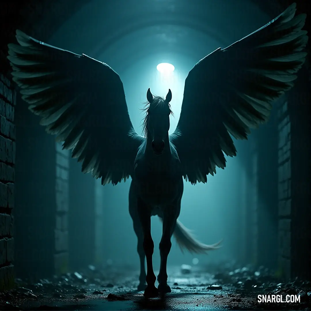 Frostwing with frosty wings standing in a dim, stone tunnel with light streaming through a distant window. A graceful Frostwing stands still in a dark, stone tunnel, its large wings shimmering with frost. The distant light from a narrow window in the tunnel’s wall offers a stark contrast to the shadowy surroundings, creating an aura of mystery.