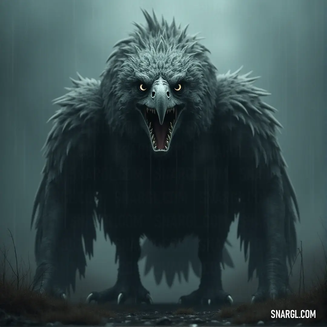 A fierce frostwing-like monster, with an imposing beak and razor-sharp teeth, stands in the cold, frozen environment, ready to strike. A powerful creature resembling a frost-covered bird of prey, with a large beak and sharp, menacing teeth, standing against a wintry, frozen backdrop.