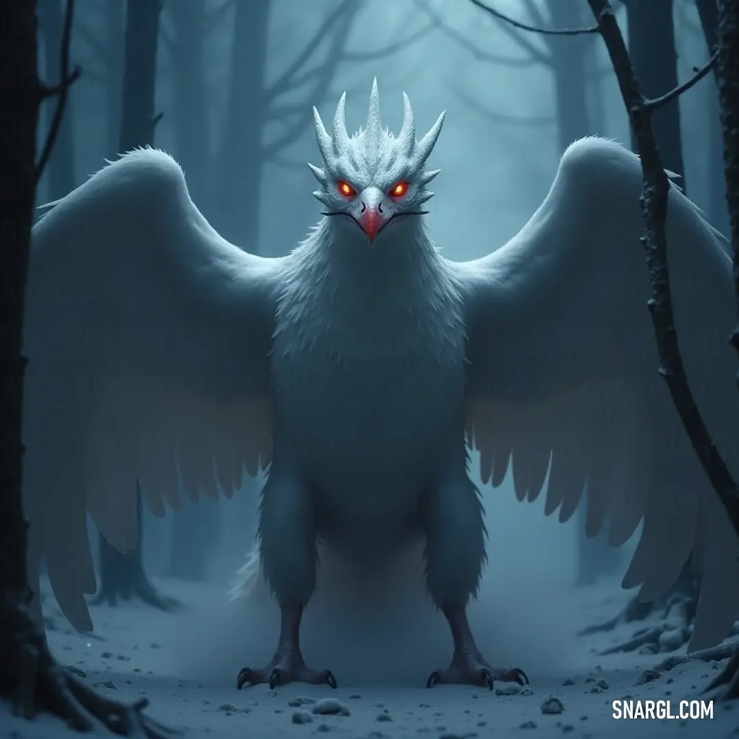 The White Frostwing stands in a fog-filled forest, its glowing red eyes contrasting with the quiet, misty surroundings that add an otherworldly feel to the scene. The White Frostwing, with its piercing red eyes, stands in a fog-covered forest. The trees around it are shrouded in mist, creating an eerie yet serene atmosphere that enhances the creature's ethereal presence.