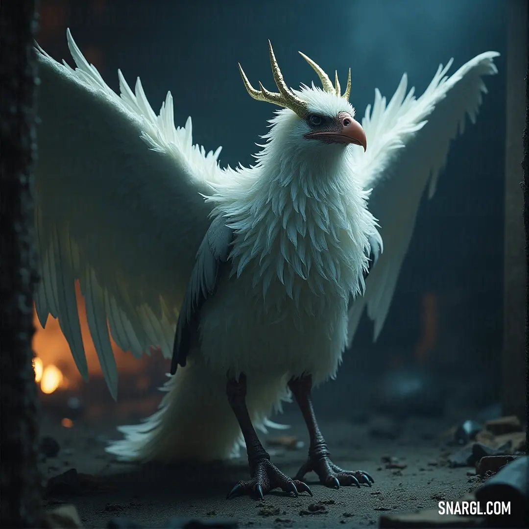 A white Frostwing dragon with a golden crown, wings fully extended, stands tall with fire roaring in the background, its fierce gaze matched only by the flames surrounding it. A majestic white Frostwing dragon with a golden crown perched proudly on its head, its powerful wings spread wide as fiery orange flames flicker in the background, highlighting its regal presence against the intense heat of the blaze.