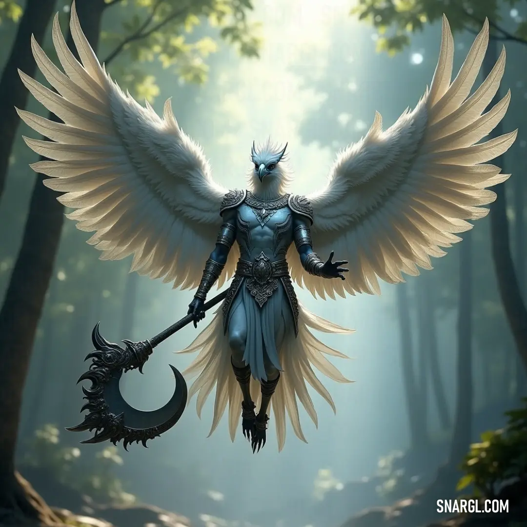 Enchanting fantasy angel amidst verdant woods, wielding a sword and exuding an aura of mystical tranquility. A fantasy angel graces the enchanting woods, holding a sword and showcasing magnificent wings amidst tall trees that evoke a sense of mystery and serenity in this pristine, magical environment.