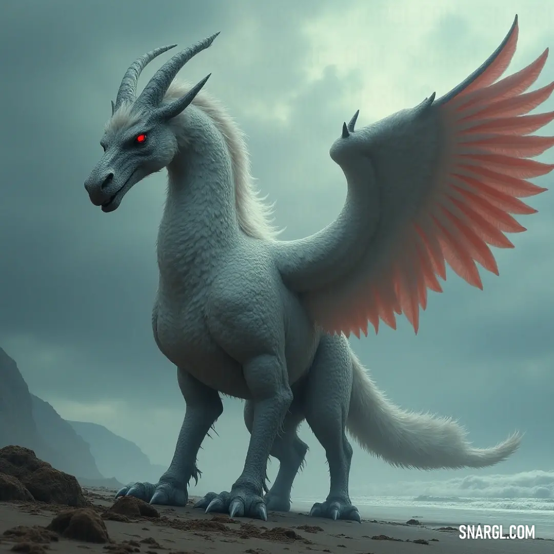 A powerful White Frostwing with vivid red eyes stands gracefully on a beach, framed by the vast ocean and looming mountains in the distance. A White Frostwing with vibrant red eyes stands poised on a sandy beach, its delicate wings outstretched toward the ocean. The distant mountains add a serene contrast to the creature’s striking features.