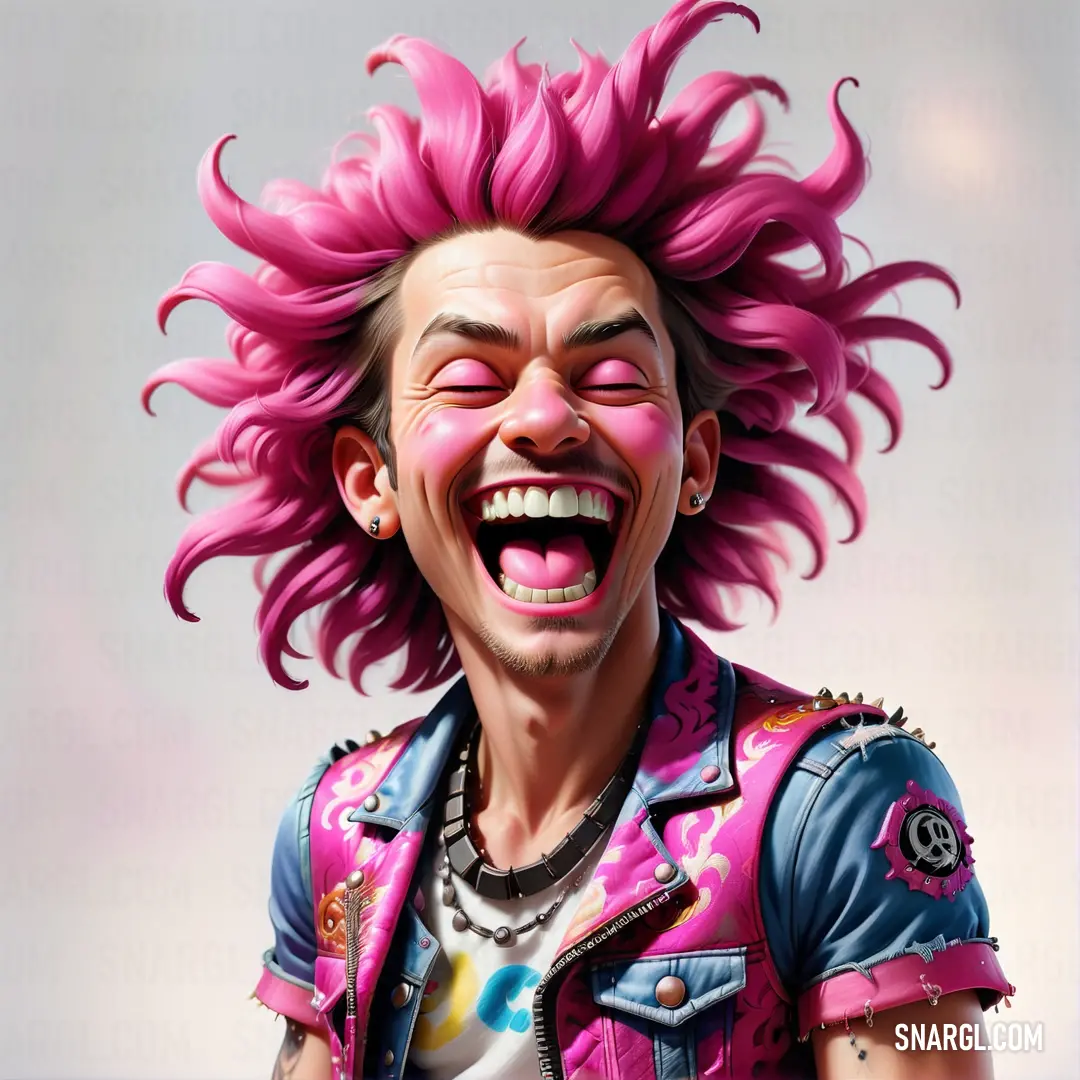 Cartoon character with pink hair and a pink mohawk smiling at the camera with his eyes closed and his mouth open