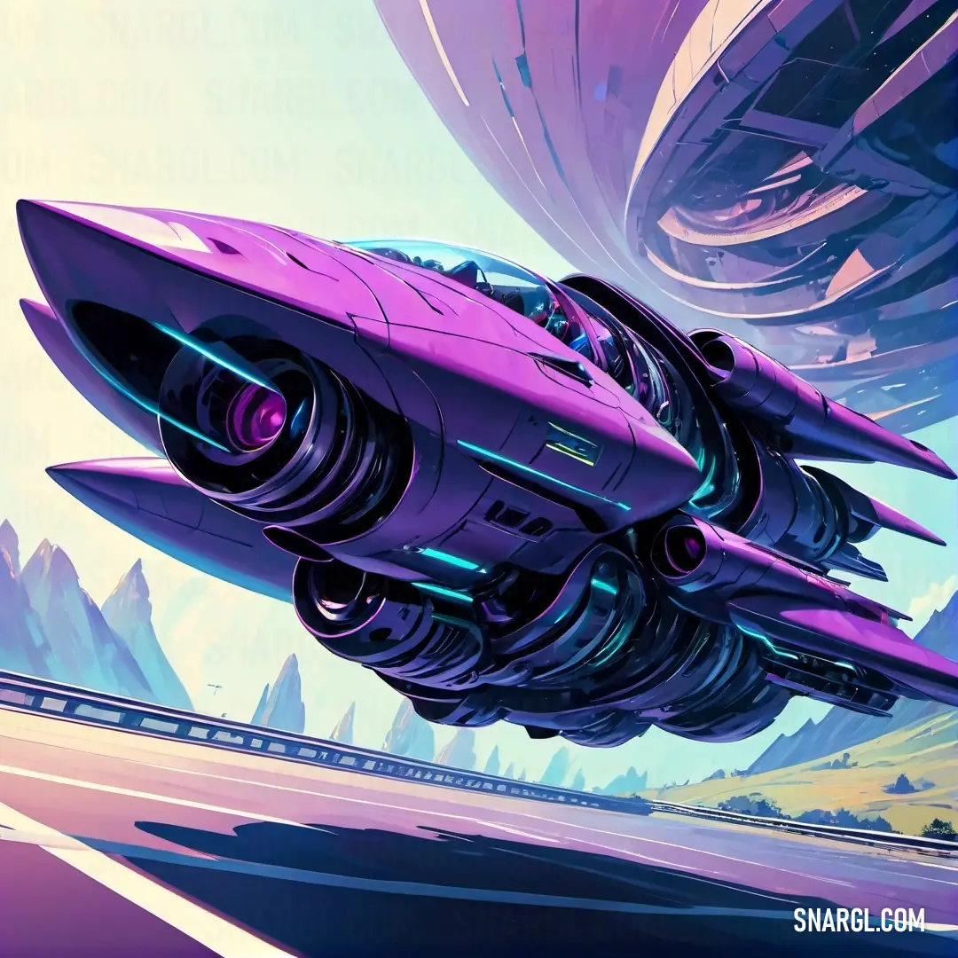 Futuristic vehicle flying through a purple sky with mountains in the background. Color #FF77FF.