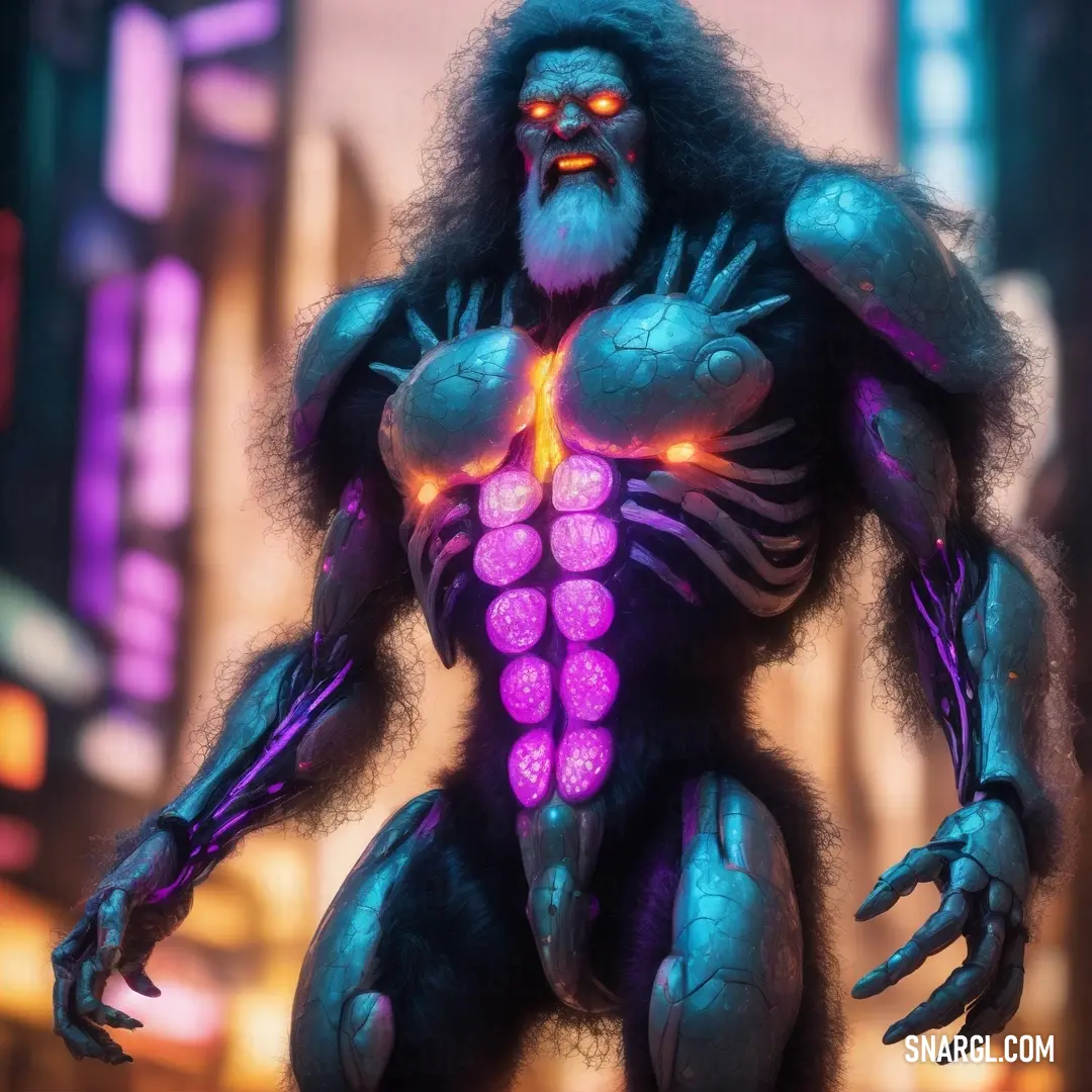 Man with a skeleton body and glowing eyes in a city setting with neon lights on his chest and arms. Example of CMYK 0,53,0,0 color.