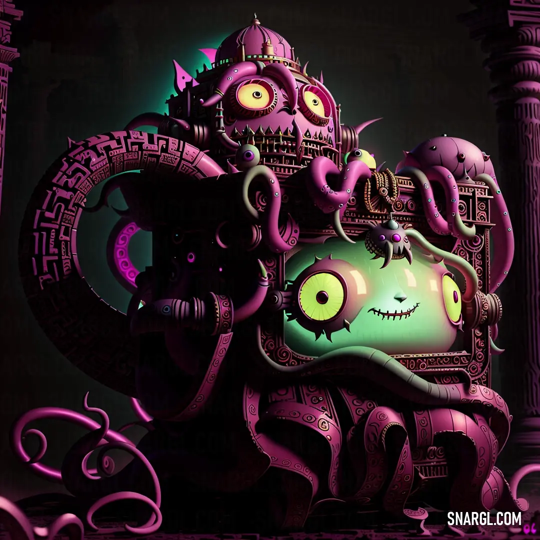 Digital painting of a monster with a clock on it's face and a building in the background