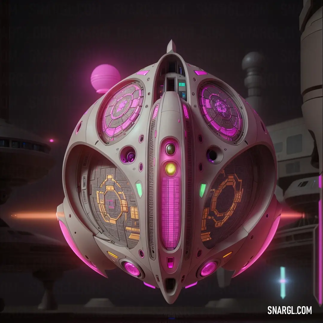 Futuristic object with a lot of lights on it's sides and a large object with a lot of lights on it's sides