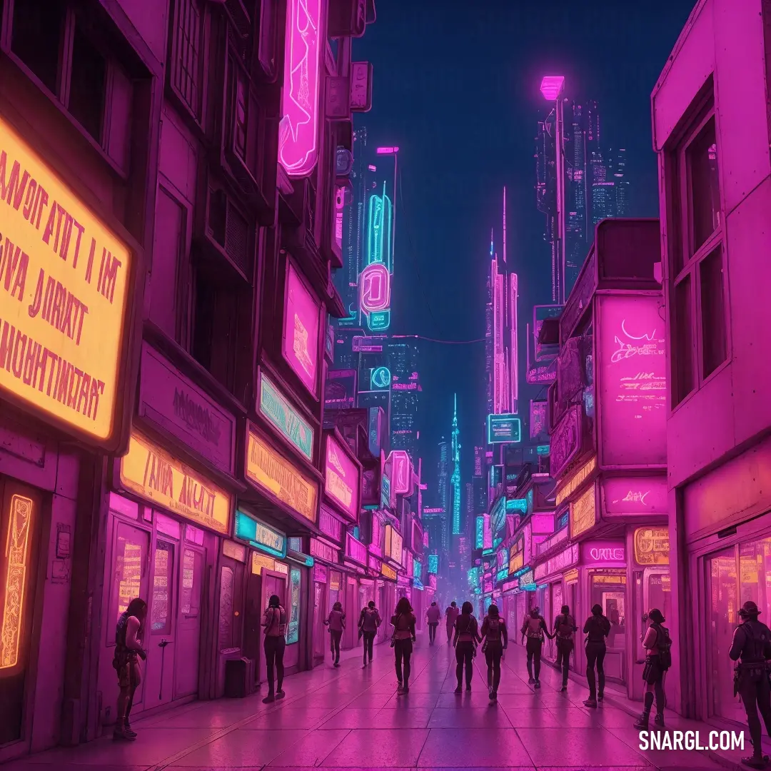 Group of people walking down a street next to tall buildings with neon lights on them