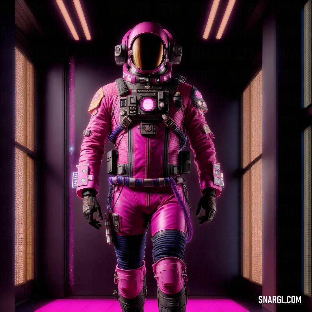 Man in a space suit walking through a hallway with a pink light on the floor and a purple light on the wall
