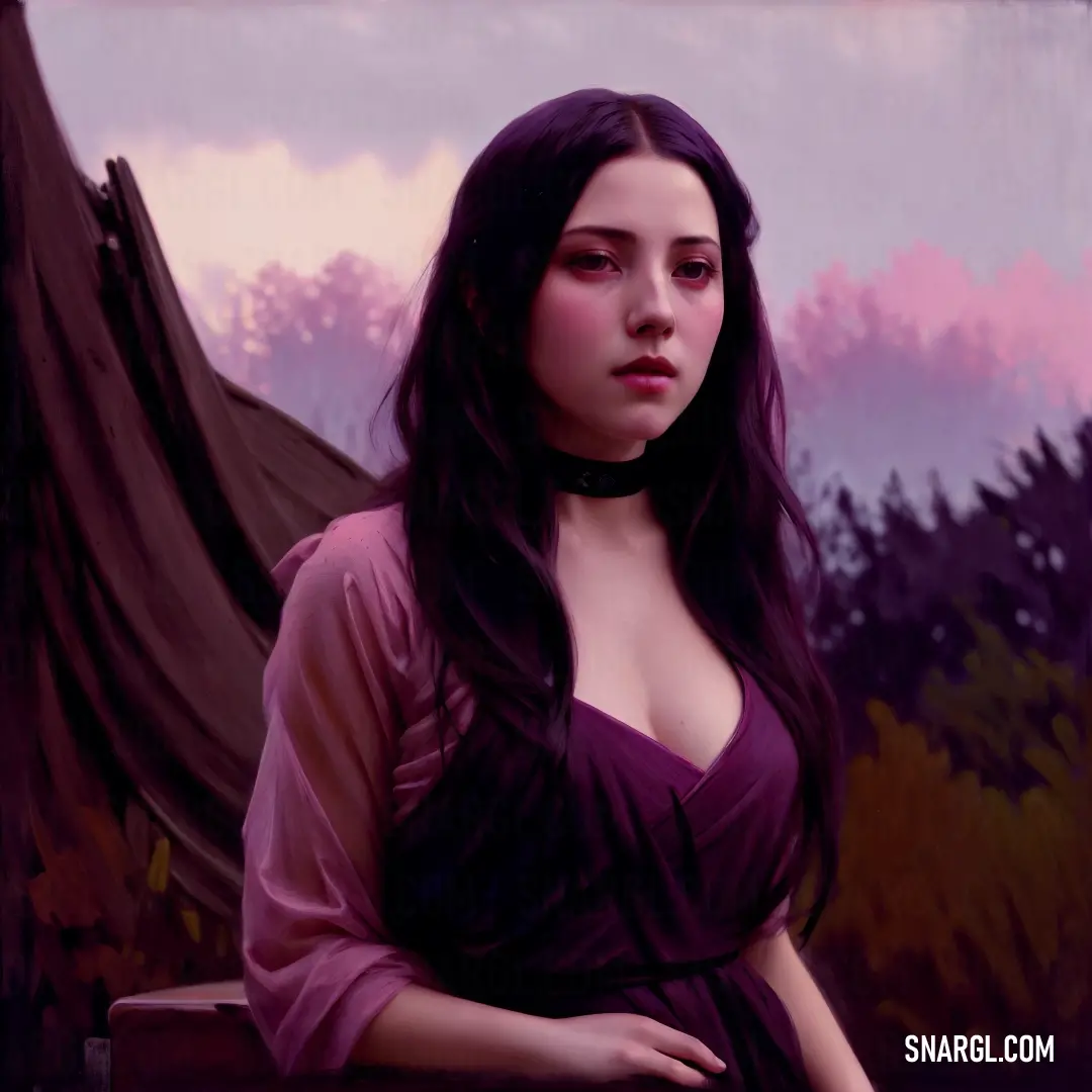 Painting of a woman with long hair and a purple dress on a bench in front of a painting of a mountain