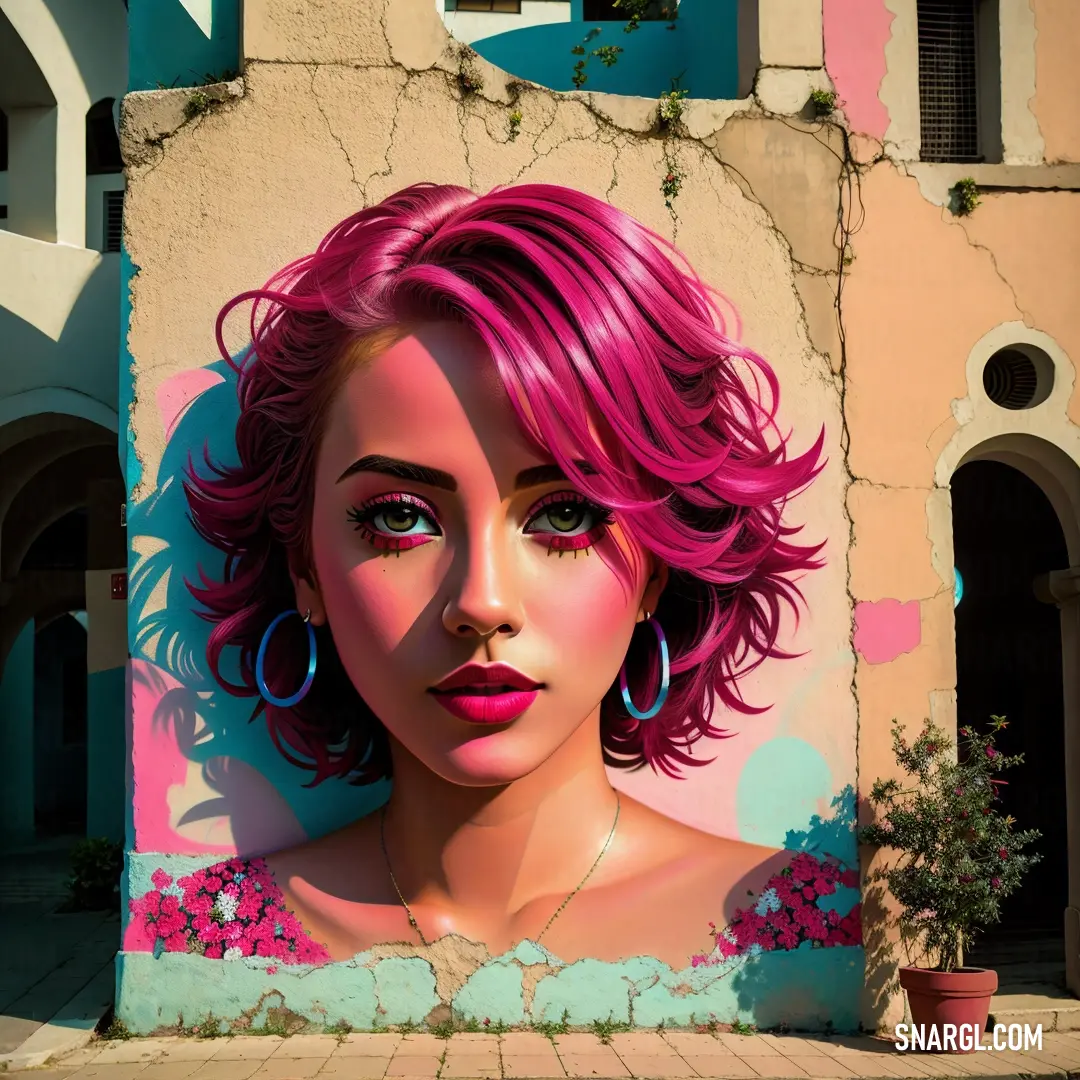 Painting of a woman with pink hair and large hoop earrings on a wall with a potted plant