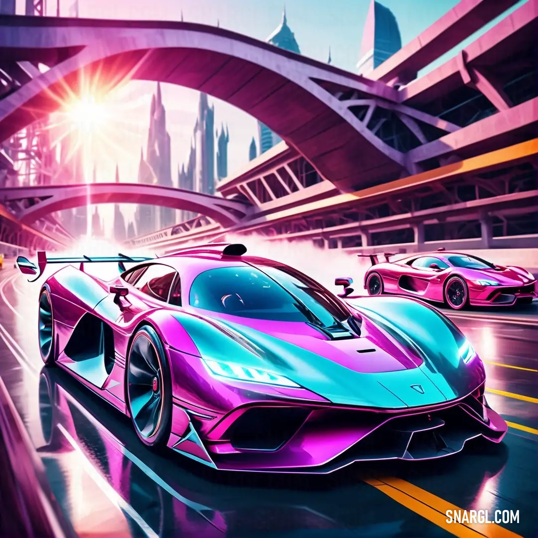 Pink and blue car driving down a street next to a bridge and a bridge overpass with a city in the background. Example of RGB 255,0,255 color.