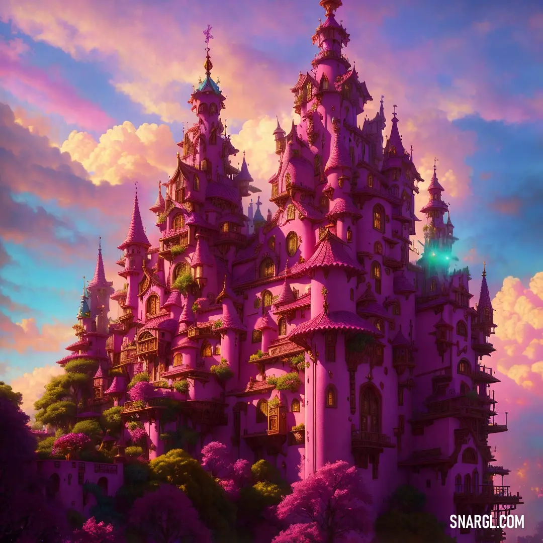 Pink castle with a lot of towers and windows on it's sides and a sky background with clouds