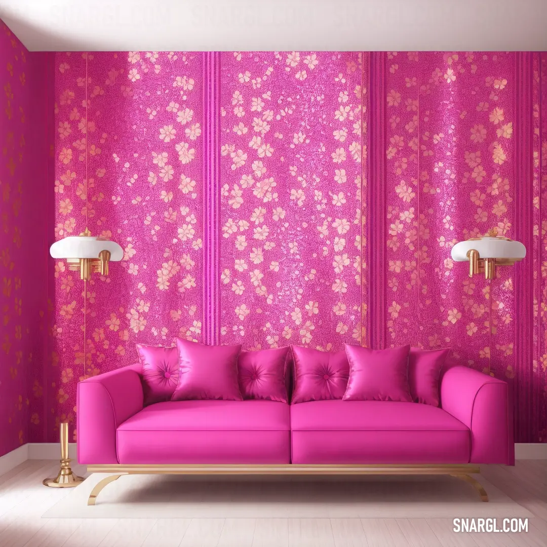 Pink couch in a room with a pink wallpaper and a gold lamp on the side of the couch