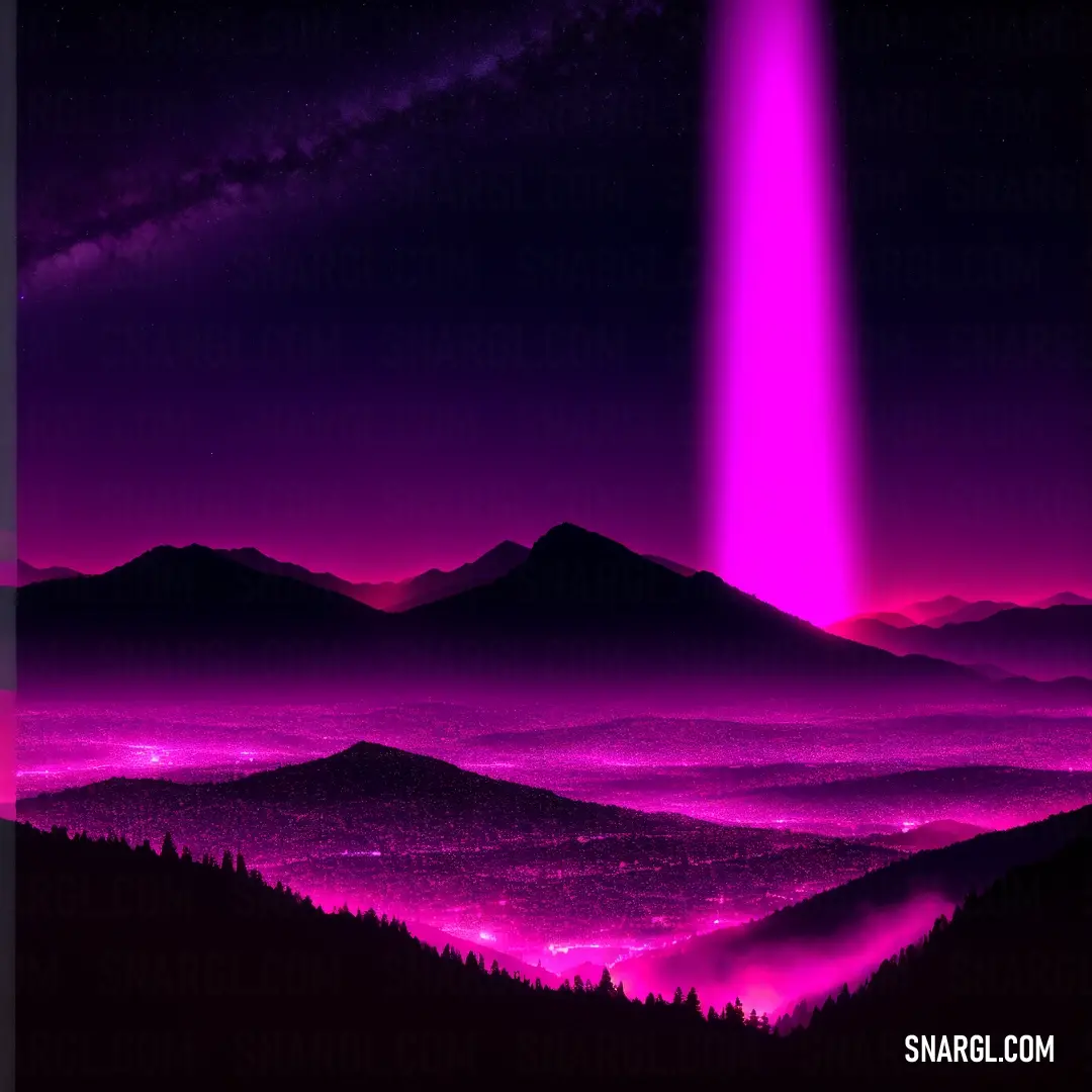Purple sky with a bright beam of light above the mountains and trees in the foreground is a distant line of distant mountains