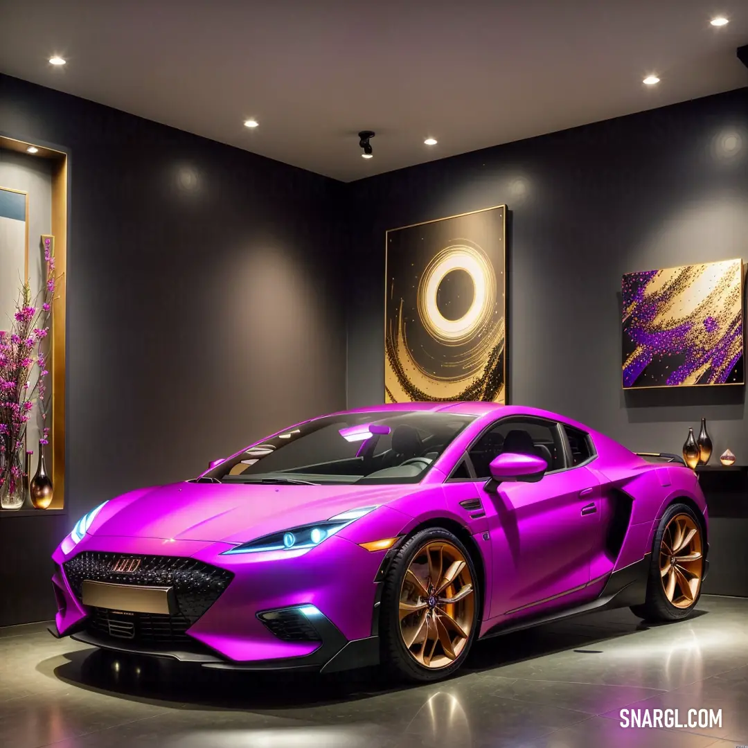 Purple sports car is parked in a showroom with paintings on the wall and a purple flooring