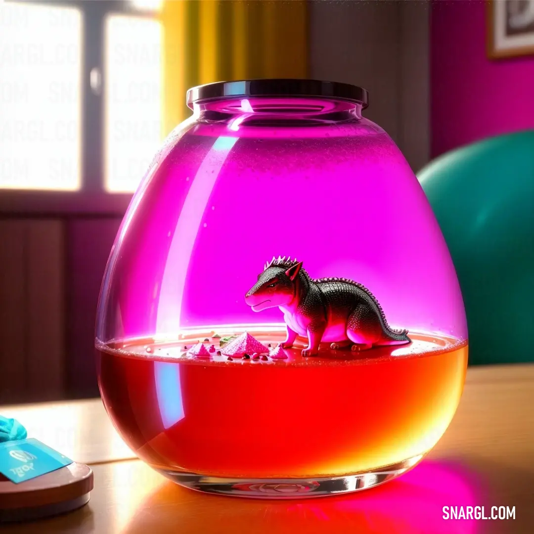 Small toy dinosaur in a fish bowl on a table with a pink background. Example of CMYK 0,100,0,0 color.