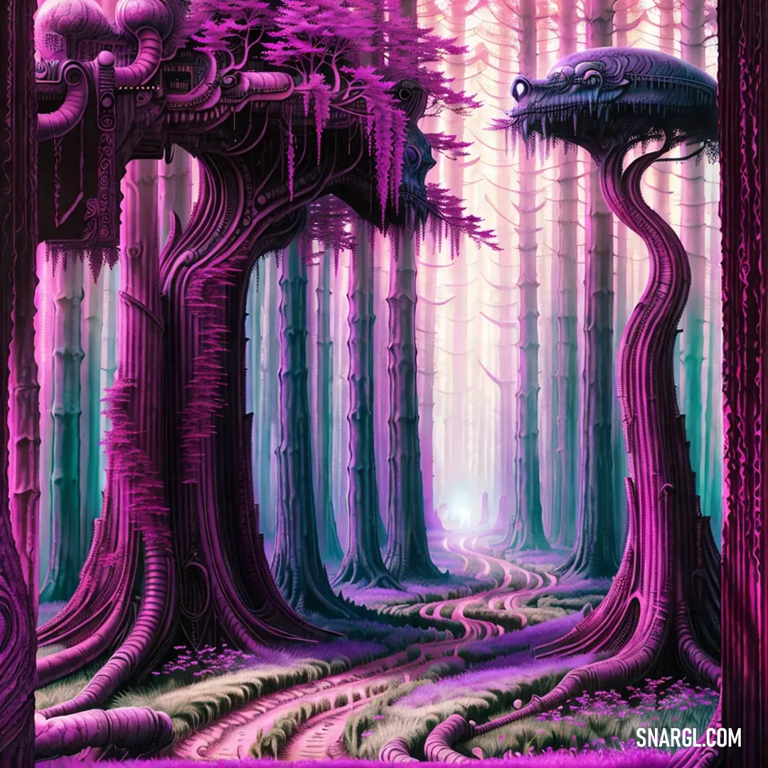 Surreal scene with a tree and a strange creature in the middle of the forest with a light shining through the trees