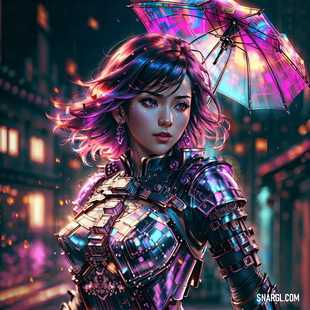 Woman in a futuristic suit holding an umbrella in the city at night time