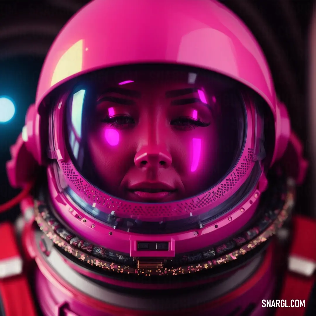 Woman in a pink space suit with a helmet on her head and a light on her face is shining brightly