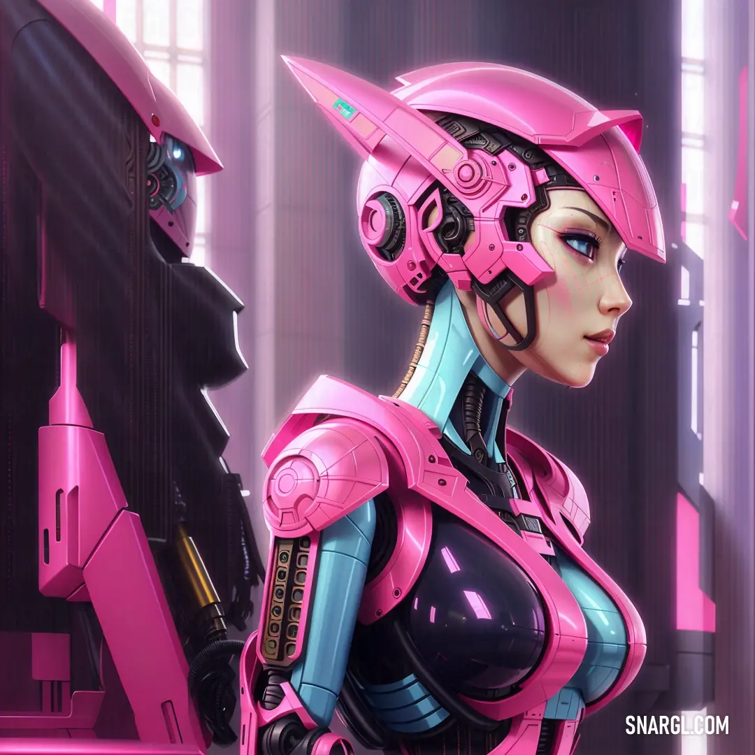 Woman in a pink suit with a pink helmet and a pink gun in her hand