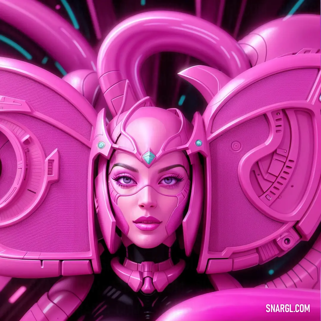 Woman with a futuristic look and pink hair and a futuristic helmet on her head