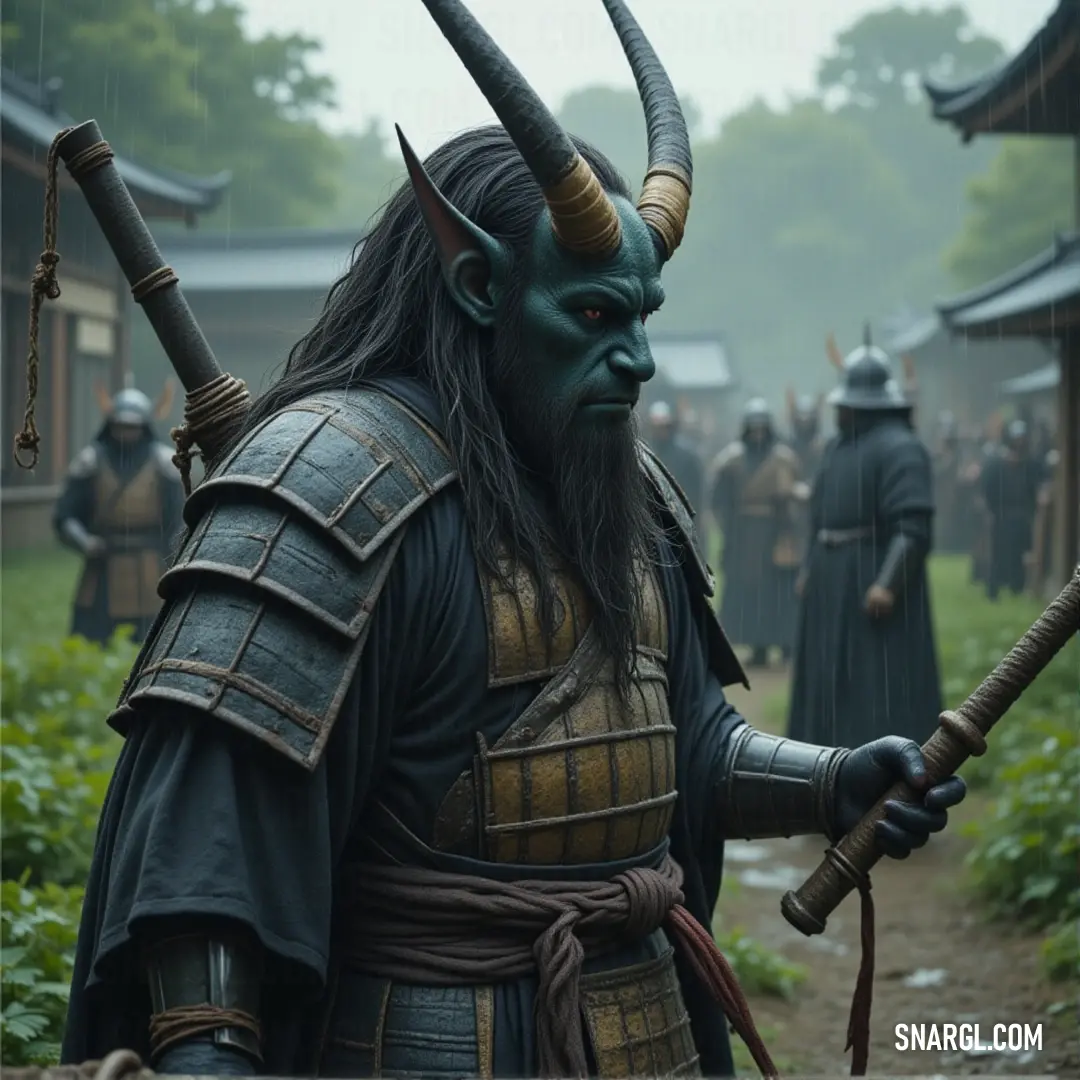 Fujin Oni, a warrior with powerful horns and a fierce expression, stands in front of a group of onlookers, holding a sword as if preparing to engage in battle. His strong presence commands respect in this lively scene.