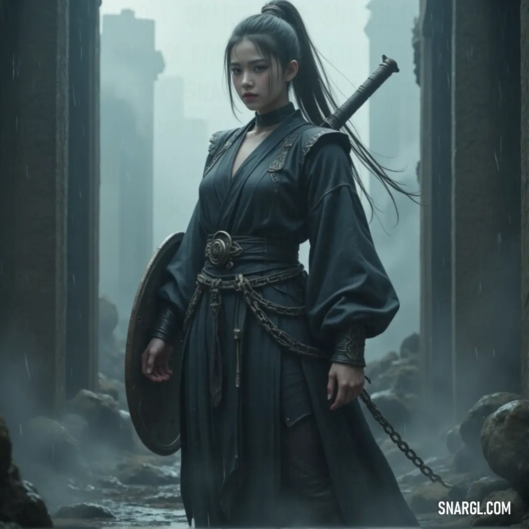 Fujin, in black attire, holds a sword and shield in a fog-filled city street, rain falling heavily in the eerie atmosphere. Fujin, dressed in black, stands in a rain-soaked city street, his sword and shield held firm. Fog surrounds him, creating an ominous and foreboding scene.