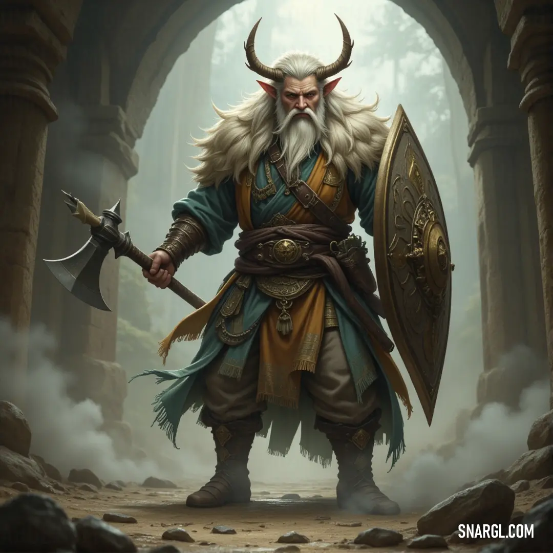 Fujin, with his horned head and beard, holds a sword and shield in a shadowy cave, surrounded by smoke and jagged rocks. Fujin, with a horned head and beard, holds a sword and shield in a dark cave. Smoke swirls around him, and rocks litter the ground, creating an atmosphere of mystery and power.