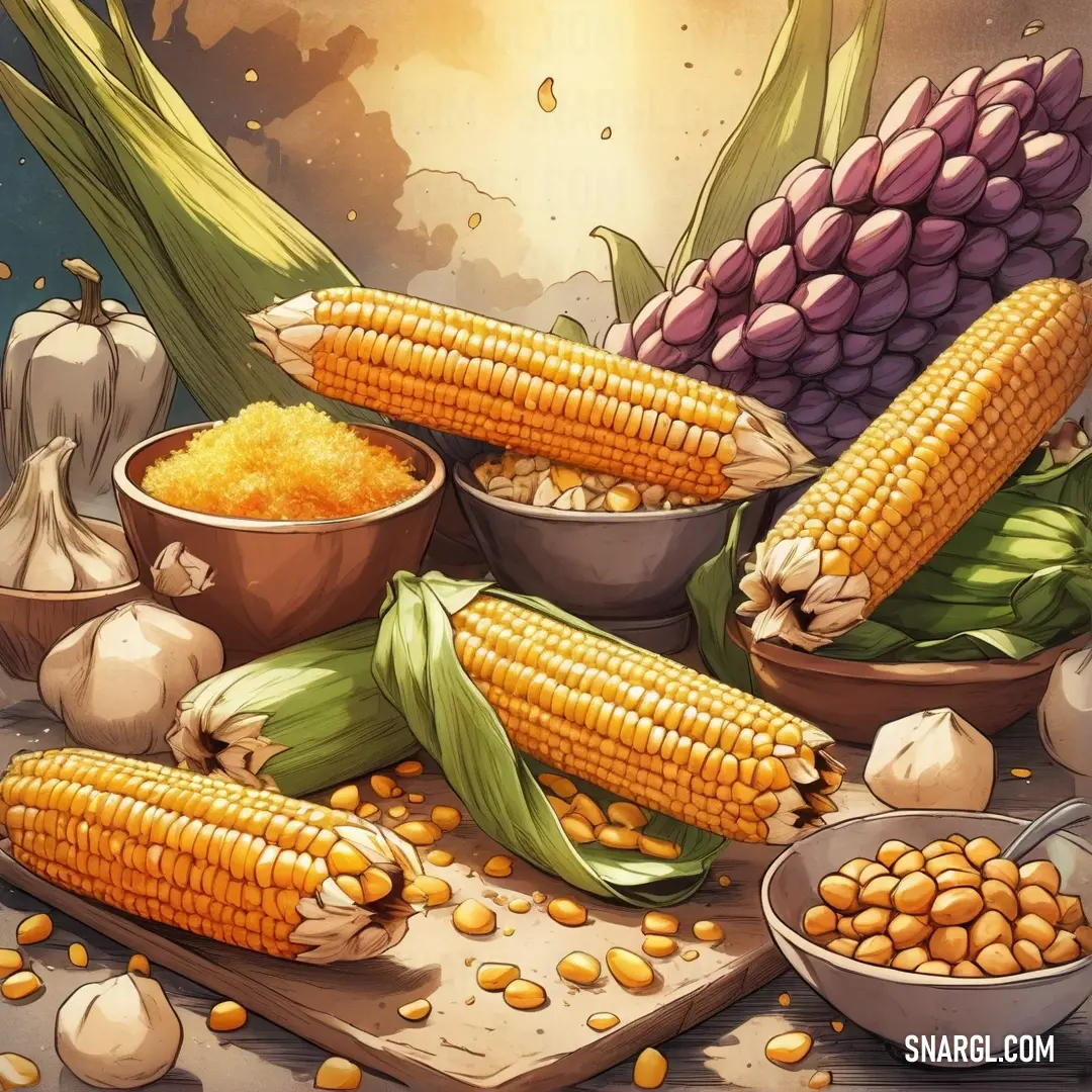 Painting of corn on the cob and other foods on a table with a knife. Color CMYK 0,42,100,11.