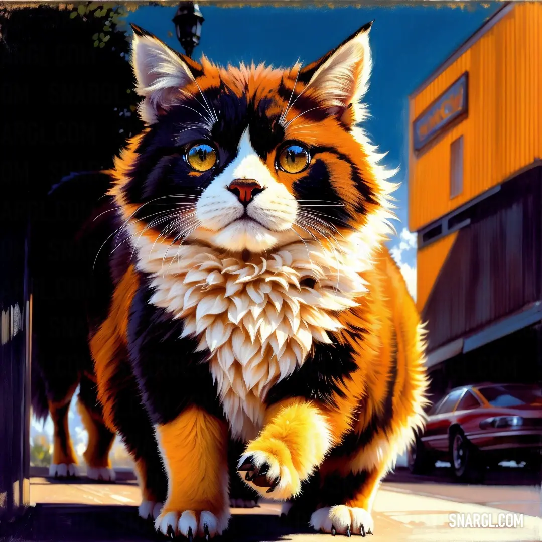 Painting of a cat walking on a sidewalk near a building and cars on the street behind it