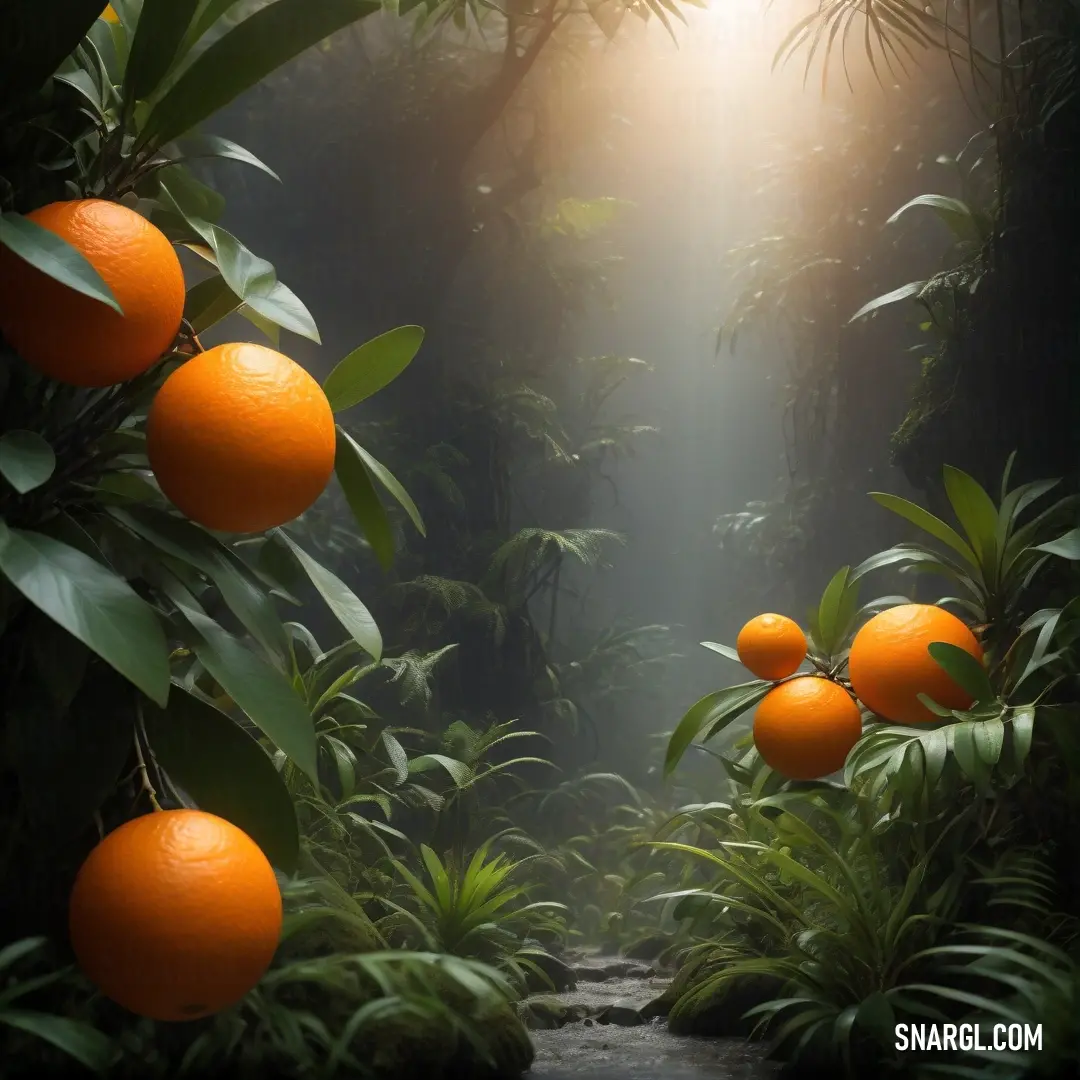 Fulvous color. Path through a forest with oranges on the trees and a light shining through the leaves on the branches