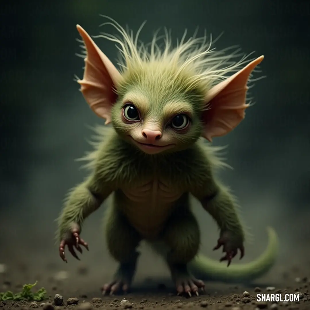 A captivating Green Fumble with flowing hair and big eyes, positioned confidently on dirt ground, evoking a sense of wonder and curiosity. A whimsical creature known as a Green Fumble, adorned with flowing long hair and large, expressive eyes, stands firmly on a patch of dirt. Its stance is wide as it gazes inquisitively at the world around it, radiating curiosity and charm.