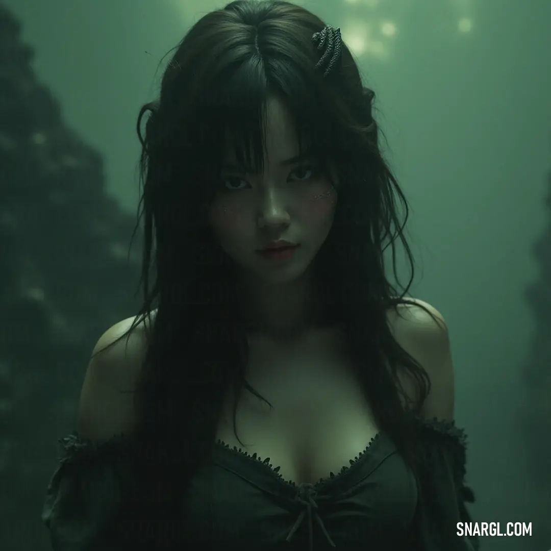 An ethereal figure in a soft green dress stands in a shadowed forest, illuminated by a mystical light that enhances her captivating presence. A dreamy figure in a flowing green dress gazes upwards in a shadowy forest, as a vibrant light brightens her face, casting an enchanting glow on the surrounding scenery.
