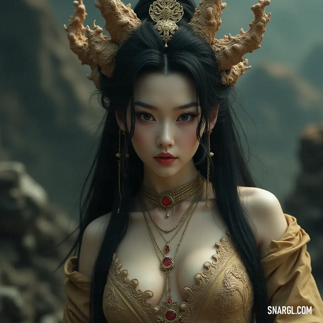 A majestic figure with horns, dressed in an exquisite layered outfit and a necklace featuring a striking red gemstone. A figure adorned with horns and an exquisite dress intricately layered with jewels stands proudly, her necklace gleaming with a vibrant red gemstone that catches the light, creating an aura of majesty and elegance.