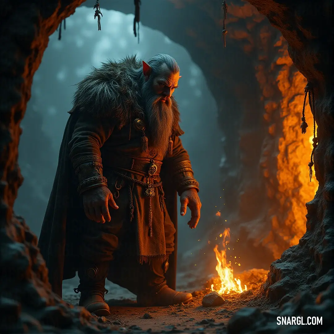 In the heart of a mysterious cave, a figure with a beard illuminates the darkness with a flame in hand, exuding an air of adventure and intrigue against rugged rocks.